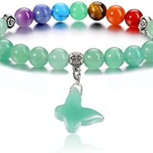 PESOENTH 7 Chakra Bracelets for Women Amethyst Healing Crystals Stone Beads Bracelet Women Natural Gemstones Yoga Reiki Beaded Bracelet With Lucky Butterfly Charms Jewelry Gifts