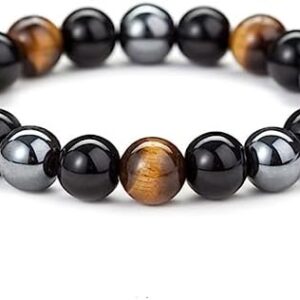 SODCAW Tiger Eye Bracelet,10MM Relax Anxiety Triple Protection Bracelet Spiritual Crystal Gemstones Beaded Bracelets for women men Bring Luck And Prosperity