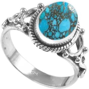 Ar Jewellers 925 Sterling Silver Gemstone Handmade Ring for Women || Copper Blue Turquoise Gemstone Ring 925 Sterling Silver For Women || 8x10mm Oval Shape Statement Ring