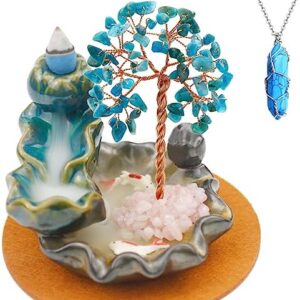 Waterfall Burner, Crystal Tree Backflow Incense Holder, with 30 Incense Cones, 30 Incense Stick, 1 Healing Crystal Necklace, Aromatherapy Anxiety Relief Items, Mom Gifts for Christmas