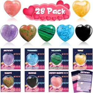 Arfun Valentines Day Gifts for Kids Classroom, 28 Pack Valentines Cards Goodie Bags with Heart Stones, Valentine Exchange Party Favors Love Healing Crystal Gemstone Rocks for Girls Boys School Class