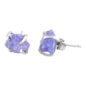 A+ Raw Tanzanite Stud Earrings, Rough Gemstones, Minimalist Jewelry, Chakra Healing Stones, December Birthstones, Rhodium Plated – Sterling Silver with Push Backs, Earrings for Women & Girls